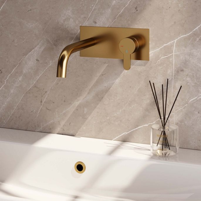 Brauer Edition 5-GG-004-B4 inbouw wastafelmengkraan met gebogen uitloop en afdekplaat model D1 goud geborsteld PVD