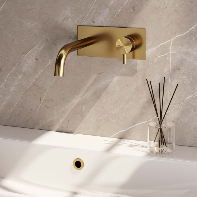 Brauer Edition 5-GG-004-B5 inbouw wastafelmengkraan met gebogen uitloop en afdekplaat model B1 goud geborsteld PVD