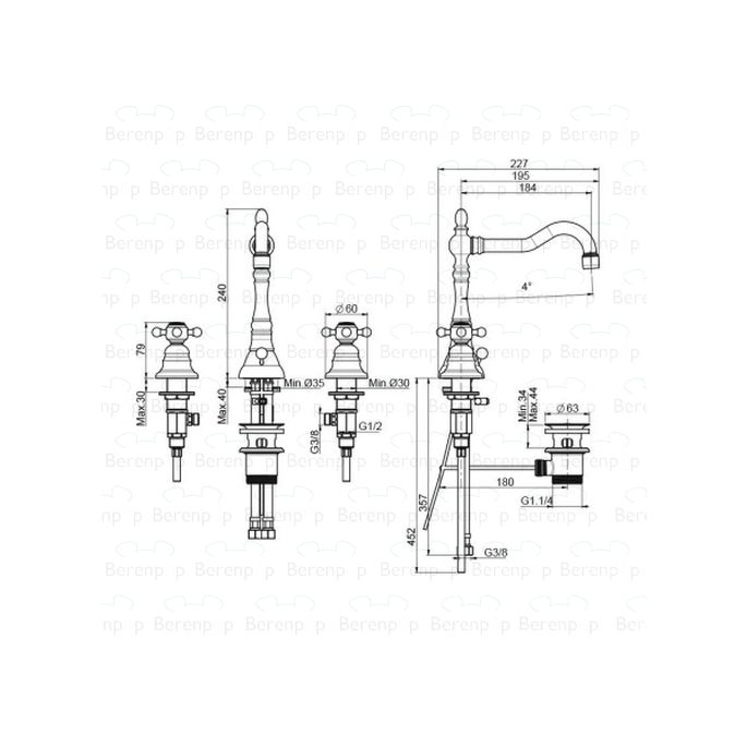 Fima Carlo Frattini Elizabeth F5081SN 3 gats wastafelkraan 2-greeps geborsteld nikkel