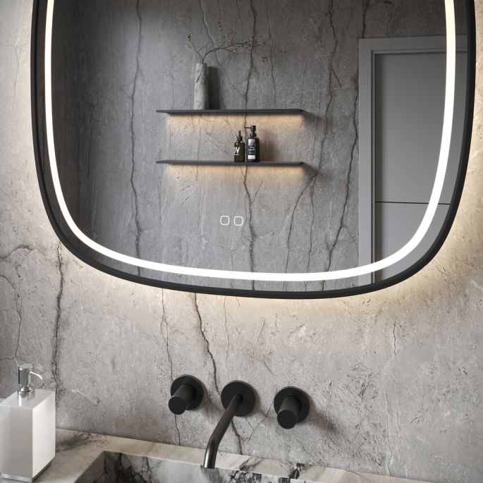 Phantom Mirrors Serie 008 008.60.60 Deens ovale LED spiegel op zwart frame, 60 cm met directe en indirecte led rondom