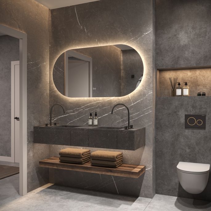 Phantom Mirrors Serie 005 005.140.70 ovaal rechte LED spiegel, 140x70 cm met directe en indirecte led rondom