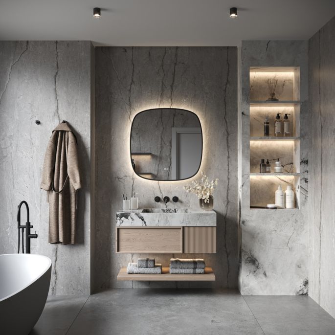 Phantom Mirrors Serie 008 008.60.60 Deens ovale LED spiegel op zwart frame, 60 cm met directe en indirecte led rondom