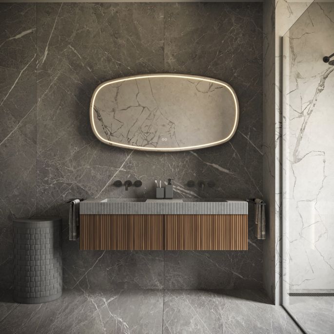 Phantom Mirrors Serie 009 009.100.65 Deens ovale LED spiegel op zwart frame, 100x65 cm met directe en indirecte led rondom