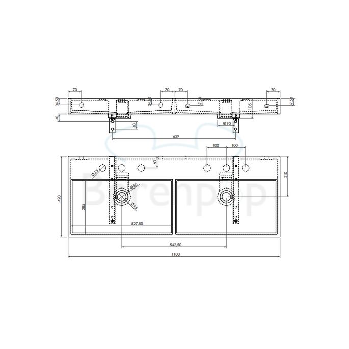 Clou Wash Me CL0213039 dubbele wastafel 110x42cm aluite wit
