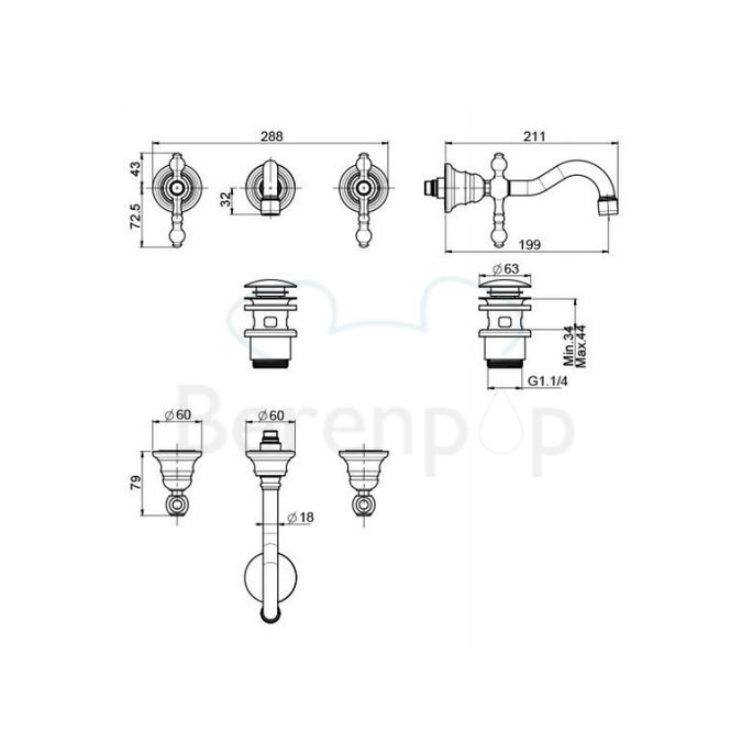 Fima Carlo Frattini Epoque F5051L5SN 3-gats wandwastafelkraan 2-greeps uitloop 20cm geborsteld nikkel