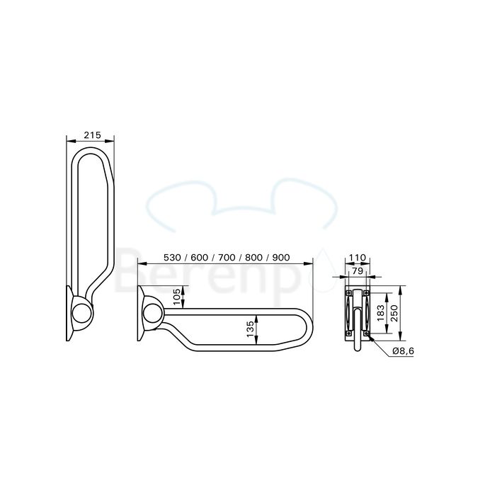 Handicare (Linido) LI2603380402 opklapbare toiletbeugel 800 mm RVS gecoat wit