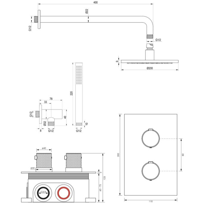 Brauer Carving 5-CE-123 thermostatische inbouw regendouche 3-weg omstelling SET 27 chroom