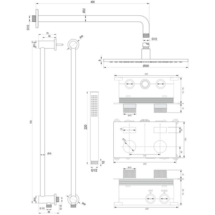 Brauer Carving 5-CE-199 thermostatische inbouw regendouche met drukknoppen SET 64 chroom