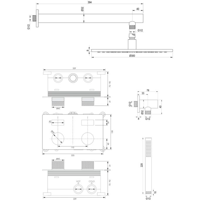 Brauer Carving 5-GG-185 thermostatische inbouw regendouche met drukknoppen SET 50 goud geborsteld PVD