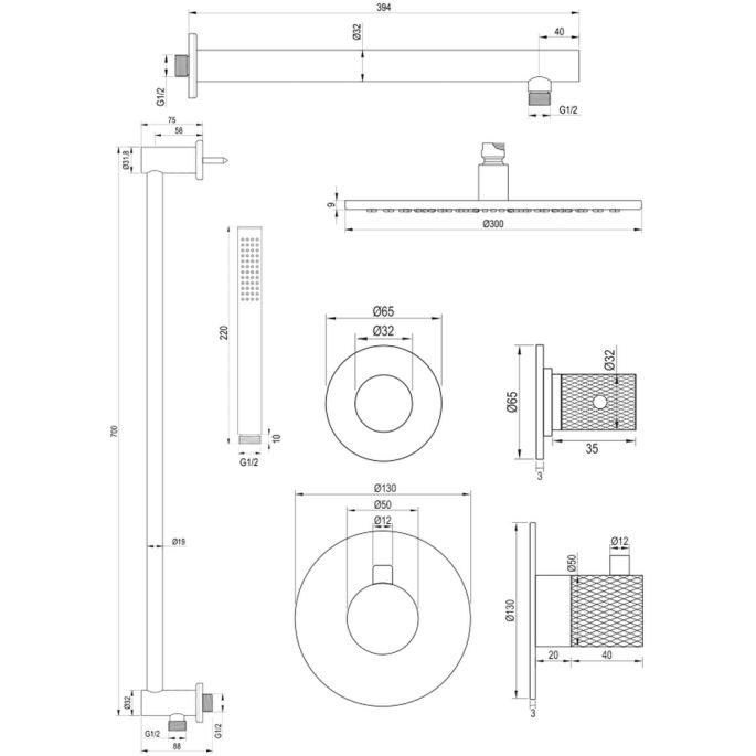 Brauer Carving 5-GK-110 thermostatische inbouw regendouche SET 14 koper geborsteld PVD