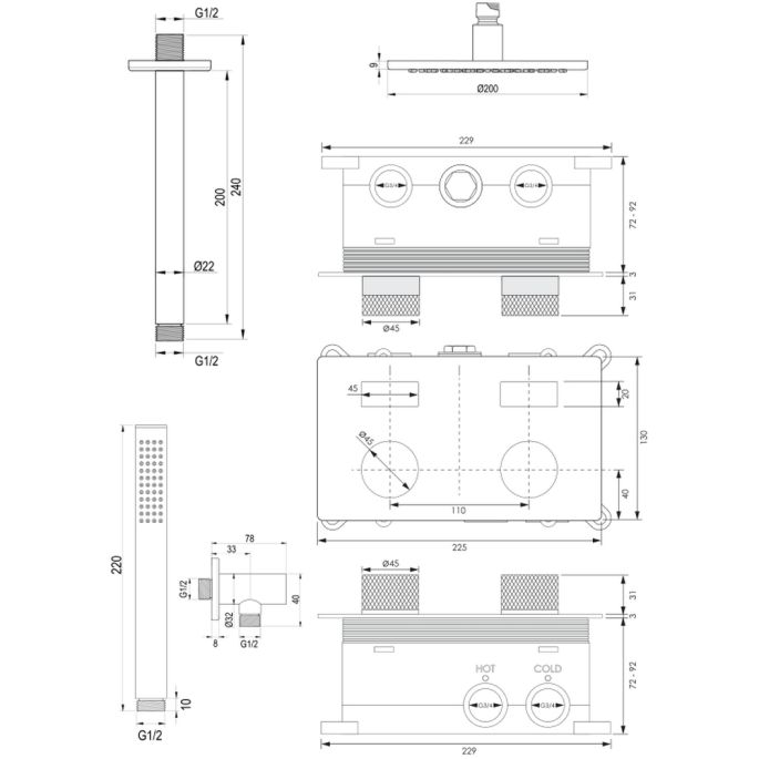 Brauer Carving 5-GK-188 thermostatische inbouw regendouche met drukknoppen SET 53 koper geborsteld PVD