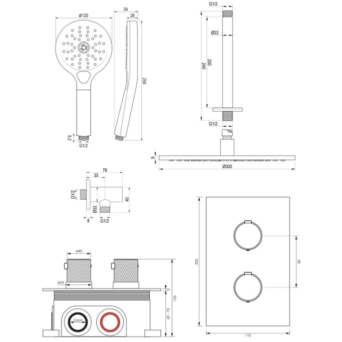 Brauer Carving 5-GM-132 thermostatische inbouw regendouche 3-weg omstelling SET 36 gunmetal geborsteld PVD