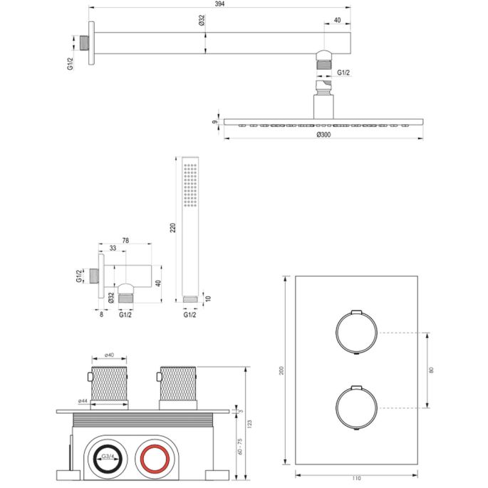 Brauer Carving 5-NG-122 thermostatische inbouw regendouche 3-weg omstelling SET 26 RVS geborsteld PVD