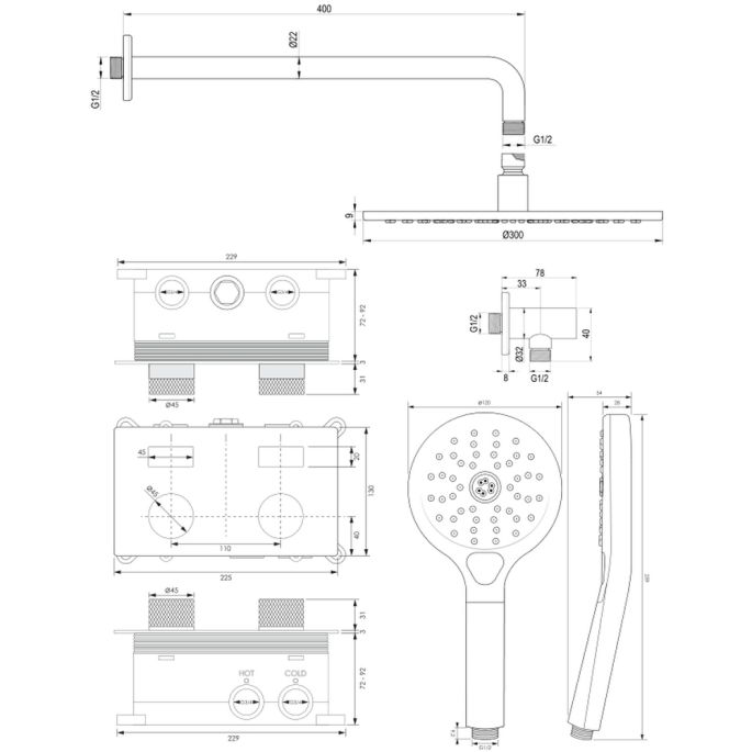 Brauer Carving 5-NG-193 thermostatische inbouw regendouche met drukknoppen SET 58 RVS geborsteld PVD