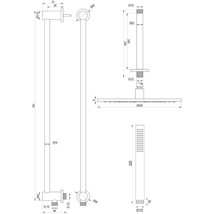 Brauer Carving 5-NG-201 thermostatische inbouw regendouche met drukknoppen SET 66 RVS geborsteld PVD