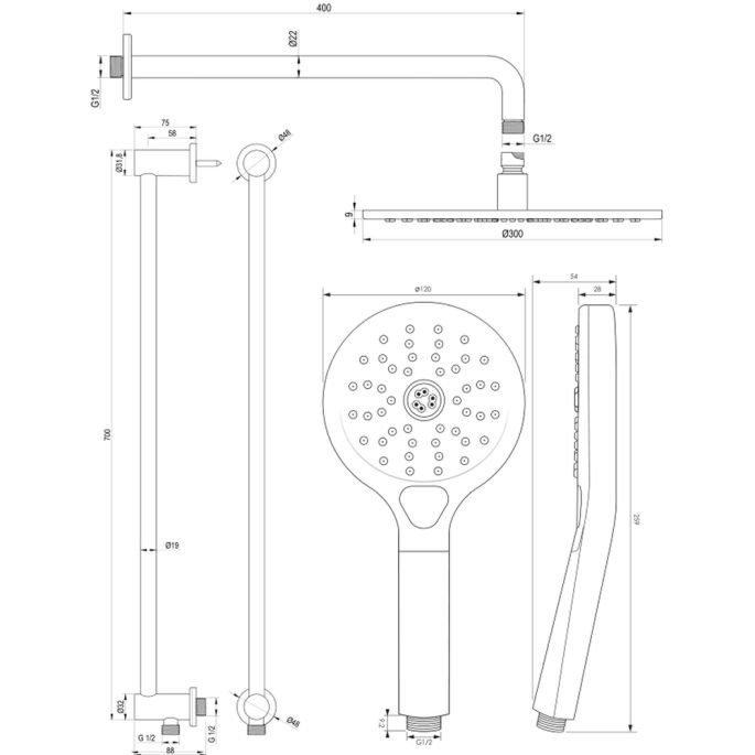 Brauer Carving 5-NG-205 thermostatische inbouw regendouche met drukknoppen SET 70 RVS geborsteld PVD