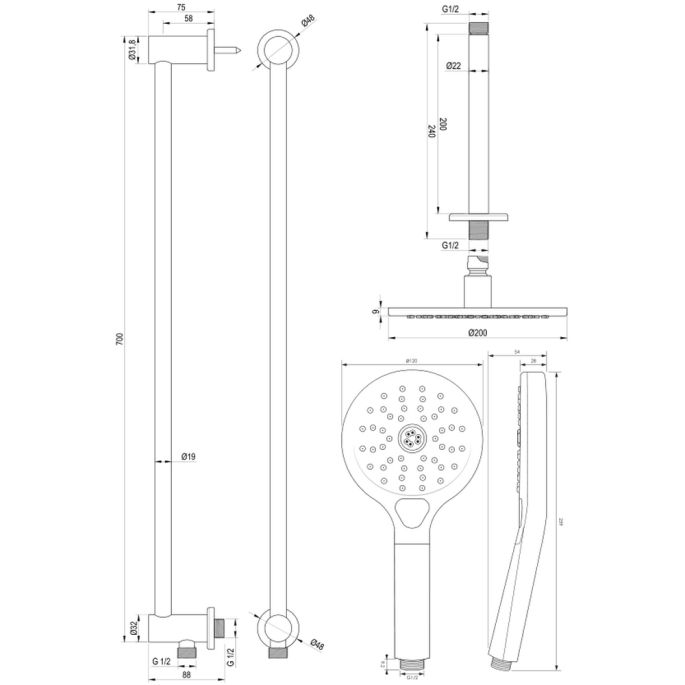 Brauer Carving 5-NG-206 thermostatische inbouw regendouche met drukknoppen SET 71 RVS geborsteld PVD