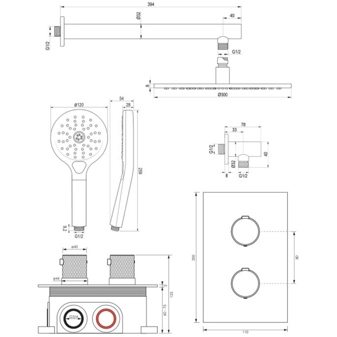 Brauer Carving 5-S-128 thermostatische inbouw regendouche 3-weg omstelling SET 32 mat zwart