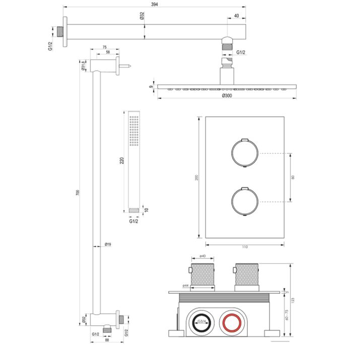 Brauer Carving 5-S-134 thermostatische inbouw regendouche 3-weg omstelling SET 38 mat zwart