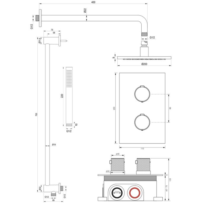 Brauer Carving 5-S-135 thermostatische inbouw regendouche 3-weg omstelling SET 39 mat zwart