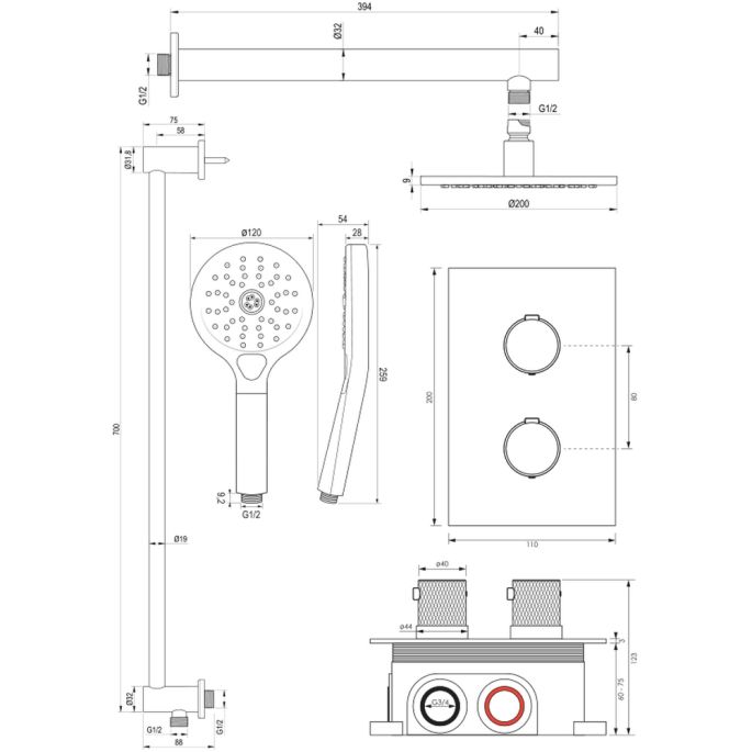 Brauer Carving 5-S-139 thermostatische inbouw regendouche 3-weg omstelling SET 43 mat zwart