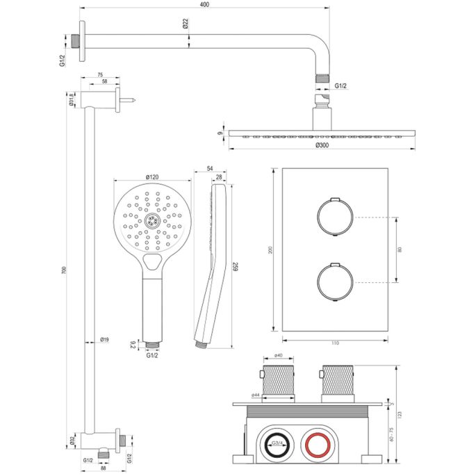 Brauer Carving 5-S-142 thermostatische inbouw regendouche 3-weg omstelling SET 46 mat zwart