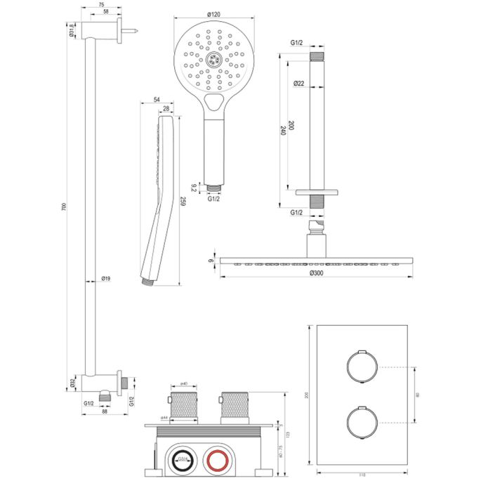 Brauer Carving 5-S-144 thermostatische inbouw regendouche 3-weg omstelling SET 48 mat zwart