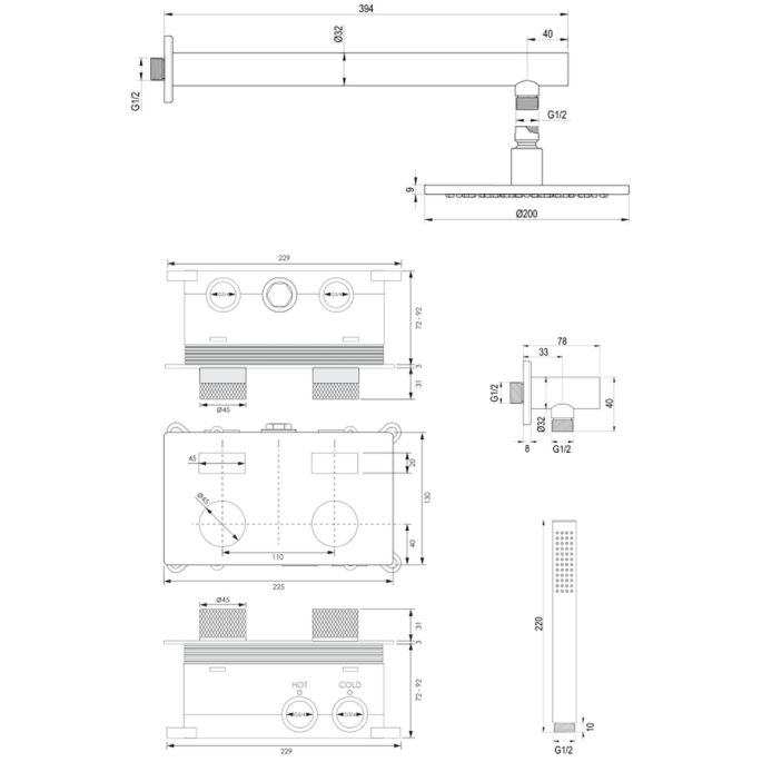Brauer Carving 5-S-184 thermostatische inbouw regendouche met drukknoppen SET 49 mat zwart