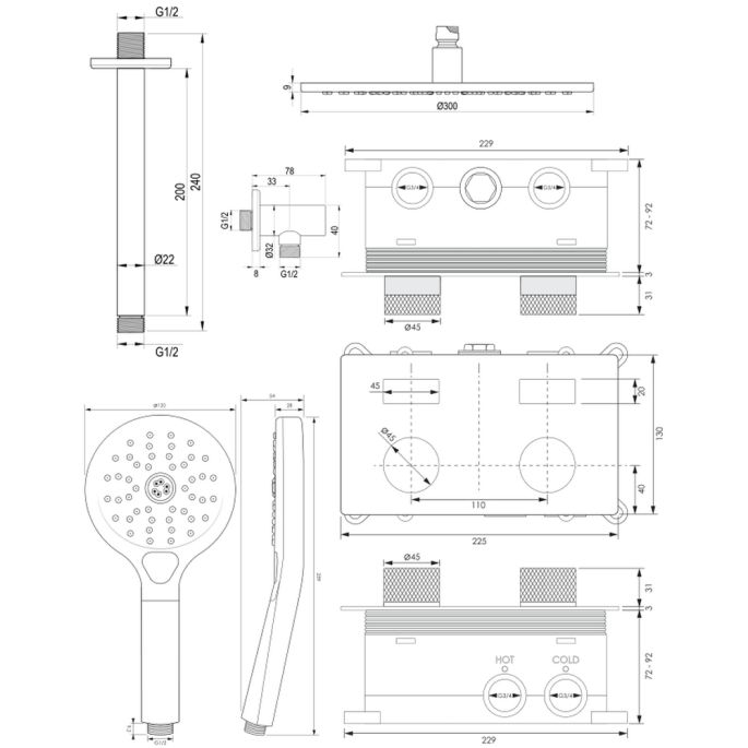 Brauer Carving 5-S-195 thermostatische inbouw regendouche met drukknoppen SET 60 mat zwart