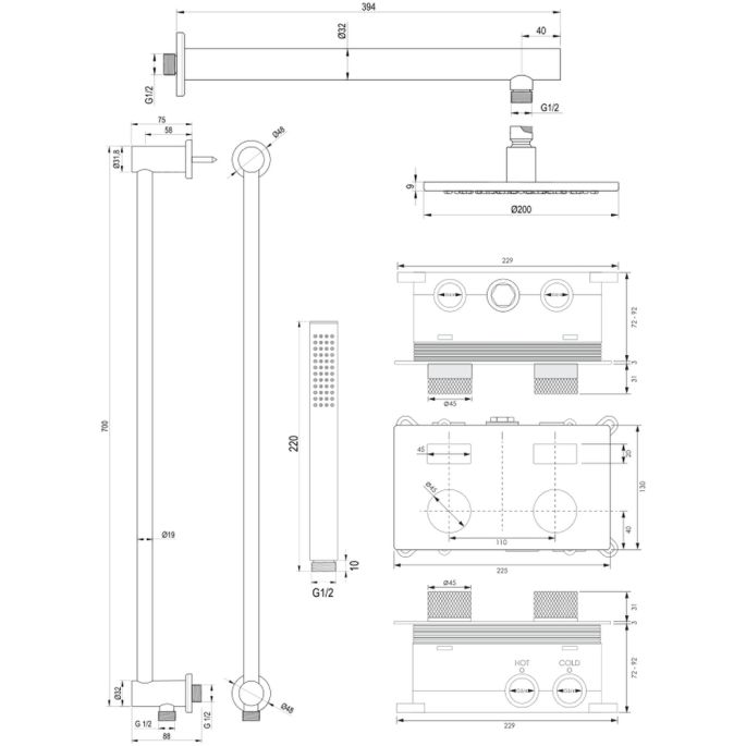 Brauer Carving 5-S-196 thermostatische inbouw regendouche met drukknoppen SET 61 mat zwart