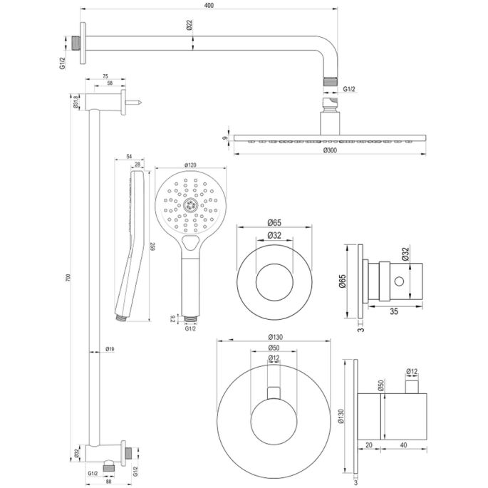 Brauer Edition 5-NG-081 thermostatische inbouw regendouche SET 22 RVS geborsteld PVD
