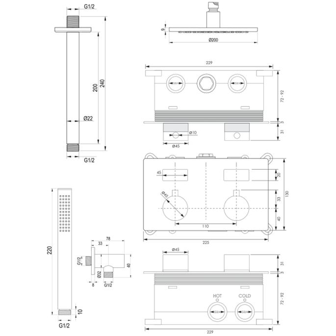 Brauer Edition 5-NG-164 thermostatische inbouw regendouche met drukknoppen SET 53 RVS geborsteld PVD