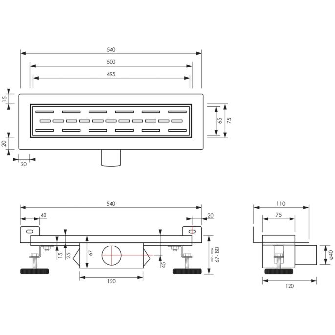 Brauer DR-SRFW50S douchegoot met standaard rooster en flens voor wandmontage 7 x 50cm mat zwart