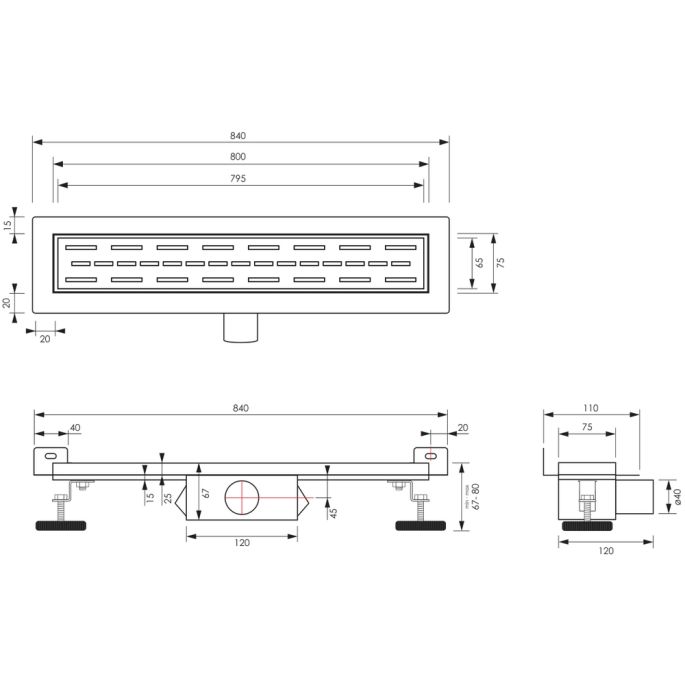 Brauer DR-SRFW80S douchegoot met standaard rooster en flens voor wandmontage 7 x 80cm mat zwart