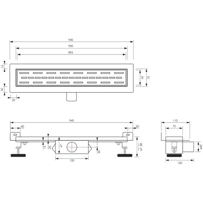 Brauer DR-SRFW90S douchegoot met standaard rooster en flens voor wandmontage 7 x 90cm mat zwart
