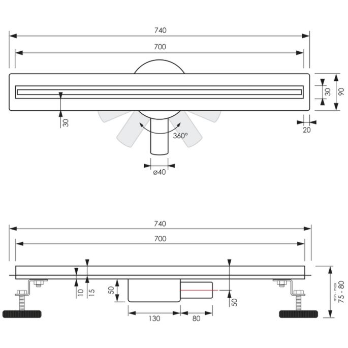 Brauer DR-XS70NG douchegoot XS met flens en draaibare sifon 3 x 70cm RVS geborsteld