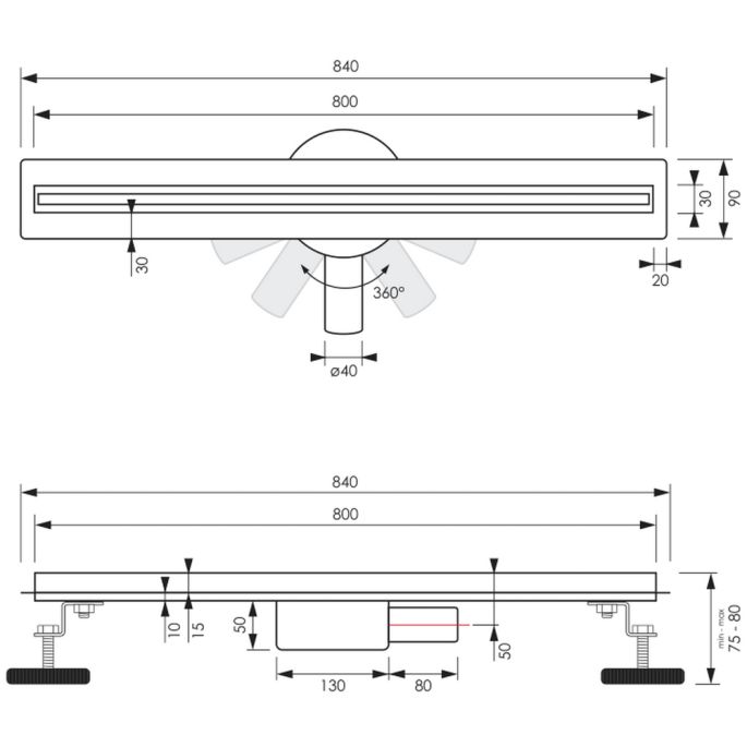 Brauer DR-XS80NG douchegoot XS met flens en draaibare sifon 3 x 80cm RVS geborsteld