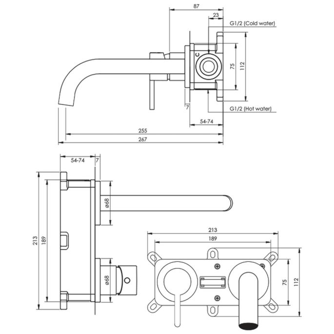 Brauer Edition 5-GK-083-B5-65 inbouw wastafelmengkraan met gebogen uitloop en rozetten model B2 koper geborsteld PVD