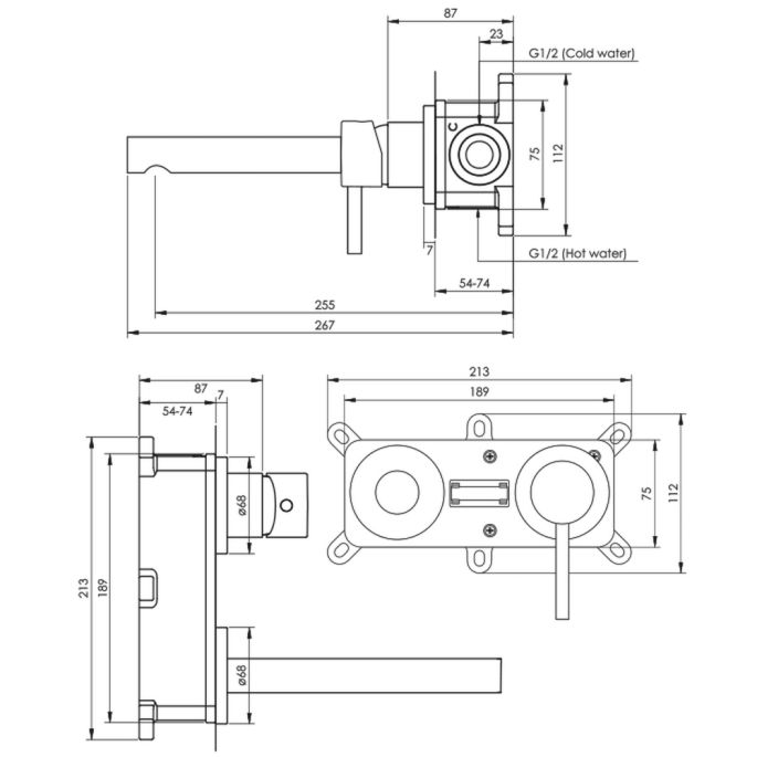 Brauer Edition 5-S-004-S2-65 inbouw wastafelmengkraan met rechte uitloop en rozetten model A1 mat zwart