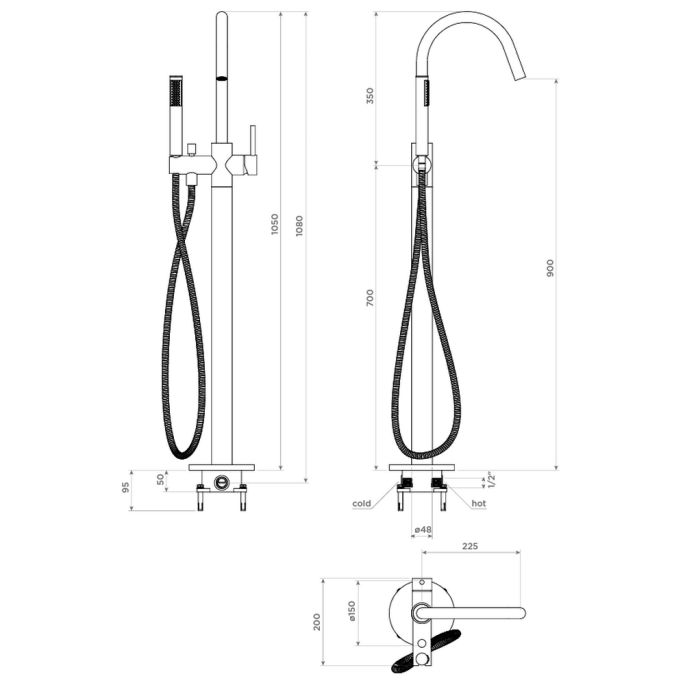 Clou XO CL060400121 type 1 vrijstaande badkraan met handdouche mat zwart
