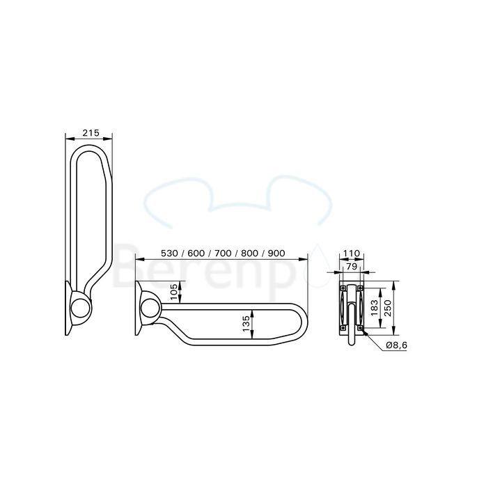 Handicare (Linido) LI2603350102 opklapbare toiletbeugel 530 mm staal gecoat wit (OUTLET)