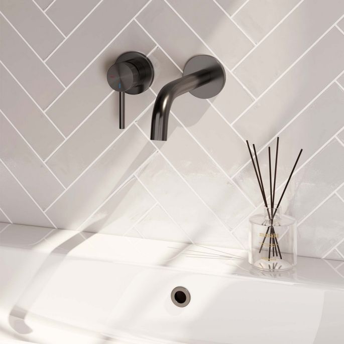 Brauer Carving 5-GM-083-B6-65 inbouw wastafelmengkraan met gebogen uitloop en rozetten model A2 gunmetal geborsteld PVD