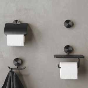 Geesa Opal Brushed Metal Black 917208-09 toiletrolhouder met klep zwart metaal geborsteld