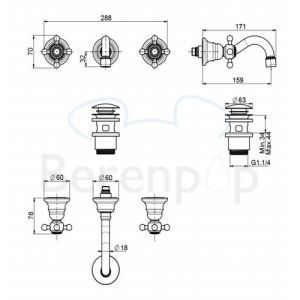 Fima Carlo Frattini Elizabeth F50815CR 3-gats wandwastafelkraan 2-greeps uitloop 16cm chroom