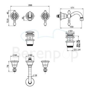 Fima Carlo Frattini Epoque F50515OR 3-gats wandwastafelkraan 2-greeps uitloop 16cm goud