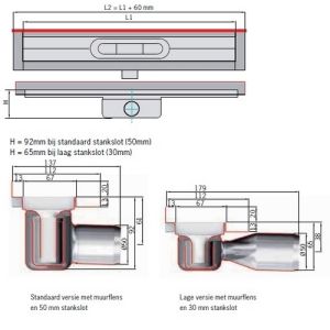 ACO ShowerDrain C 408762 douchegoot met muurflens 118,5cm zijuitloop