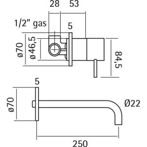 Pure RVS 316 Serie RV2511 wastafelkraan 2-gats compleet met inbouwdeel 250mm lang RVS geborsteld