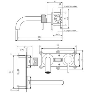 Brauer Carving 5-GG-004-B6-65 inbouw wastafelmengkraan met gebogen uitloop en rozetten model A1 goud geborsteld PVD