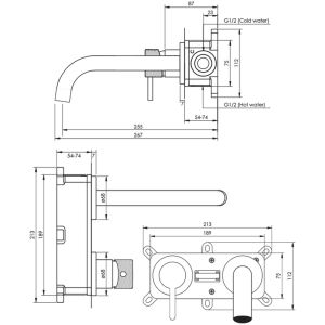Brauer Carving 5-GM-083-B6-65 inbouw wastafelmengkraan met gebogen uitloop en rozetten model A2 gunmetal geborsteld PVD