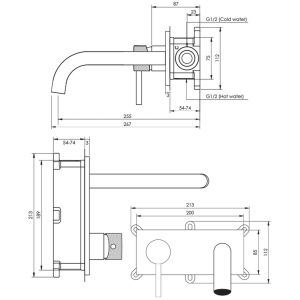 Brauer Carving 5-GM-083-B6 inbouw wastafelmengkraan met gebogen uitloop en afdekplaat model A2 gunmetal geborsteld PVD